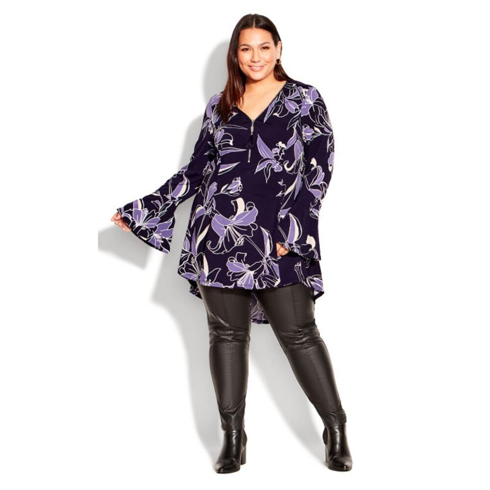 AVENUE Women's Violet Textured Floral Bell Slv Zip Detail Tunic | Size 22/24 NWT